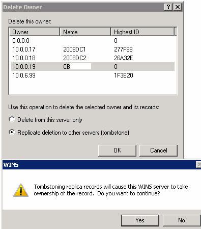 Delete WINS owner